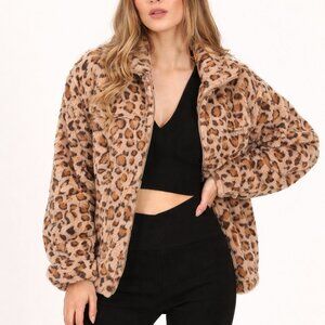 Leopard Faux Fur Jacket Women Plush Zip Front Winter Coat